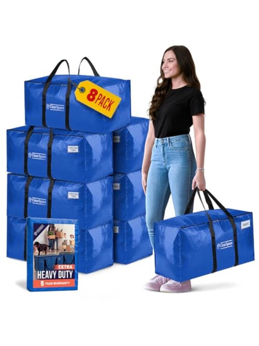 Heavy Duty Moving Bags or Storage Bins with Lids, Blue, 8 Pack